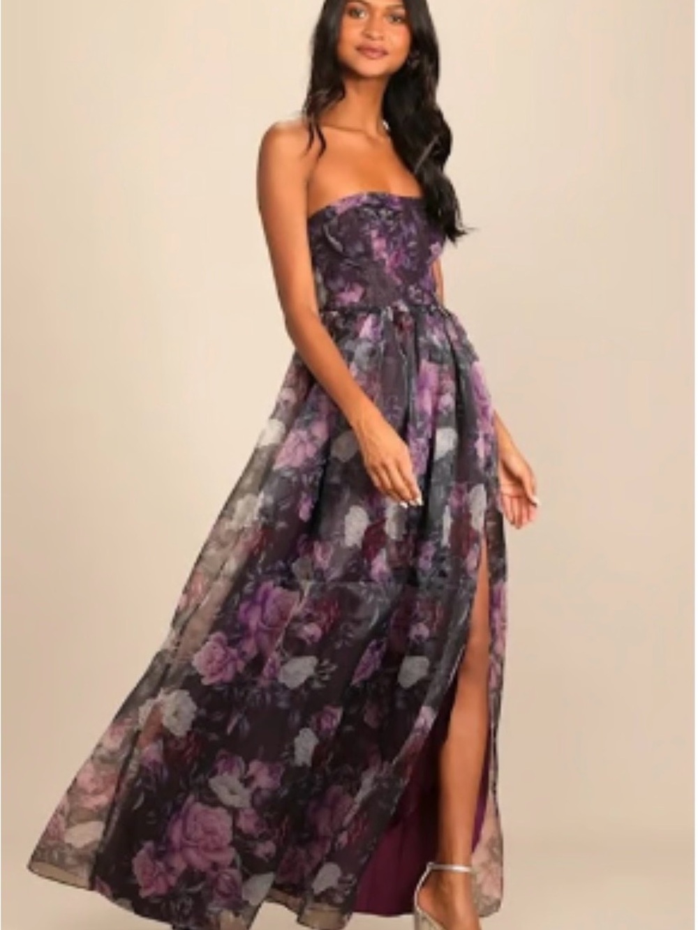 Lulu's Strapless Floral Gown in Black and Purple